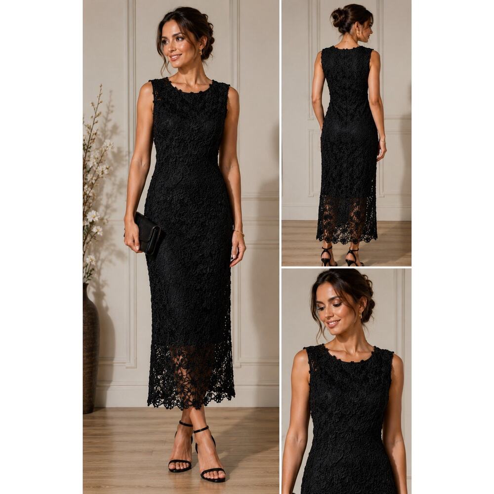 Vintage Black Soutache Lace Cocktail Dress Sleeveless Floral Mesh Overlay Midi